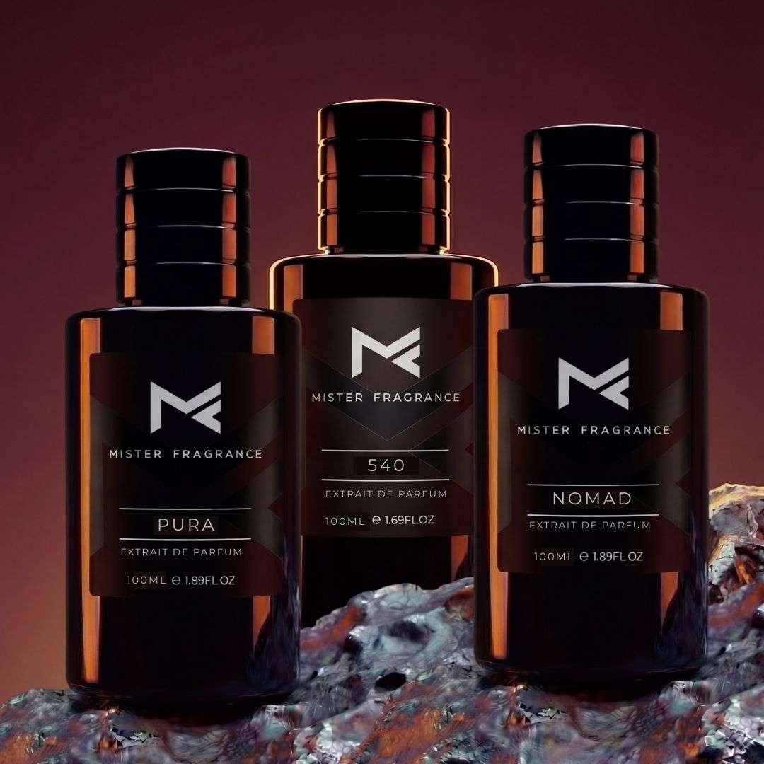 3-pack MISTER FRAGRANCE 100 ml extrait de parfum bottles with black caps