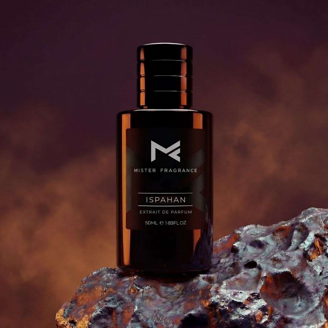 Ispahan extrait de parfum bottle with black body, copper label, and gold cap
