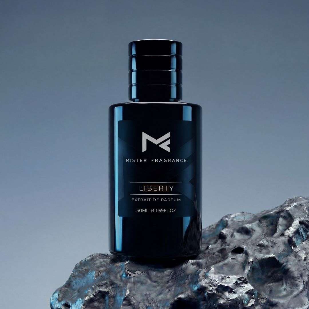 Dark glass perfume bottle with black cap, Liberty extrait de parfum label