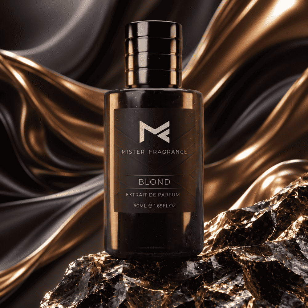 Blond perfume extract bottle with black cap, MISTER FRAGRANCE, 50 ml