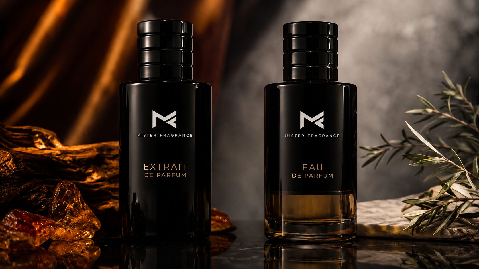Mister Fragrance extrait de parfum and eau de parfum bottles displayed side by side in a luxury setting.