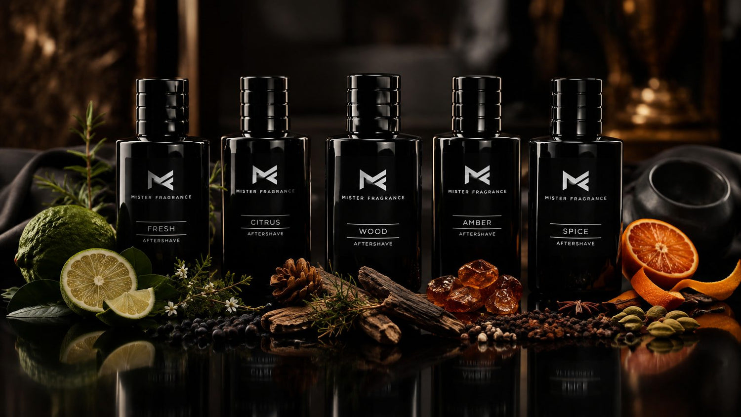 Five black Mister Fragrance aftershave bottles displayed with citrus, wood, amber and spices representing different scent profiles.