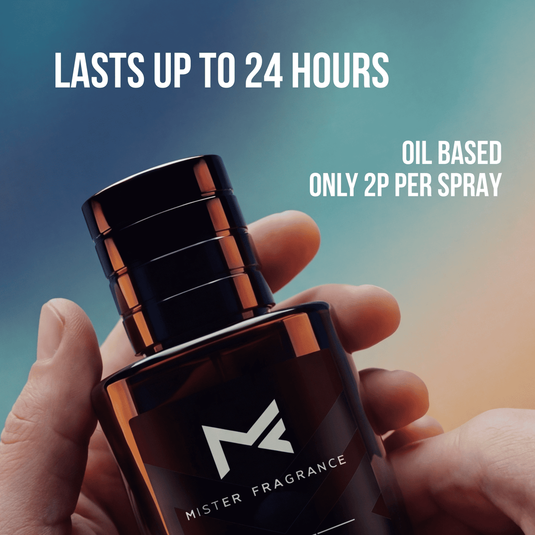 Close-up of MISTER FRAGRANCE 100 ml extrait de parfum bottle with black cap in hands