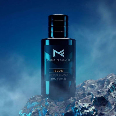 Blue eau de parfum bottle, blue glass with black cap and label, 50 mL