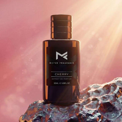 Cherry perfume extrait de parfum bottle with dark glass and gold cap