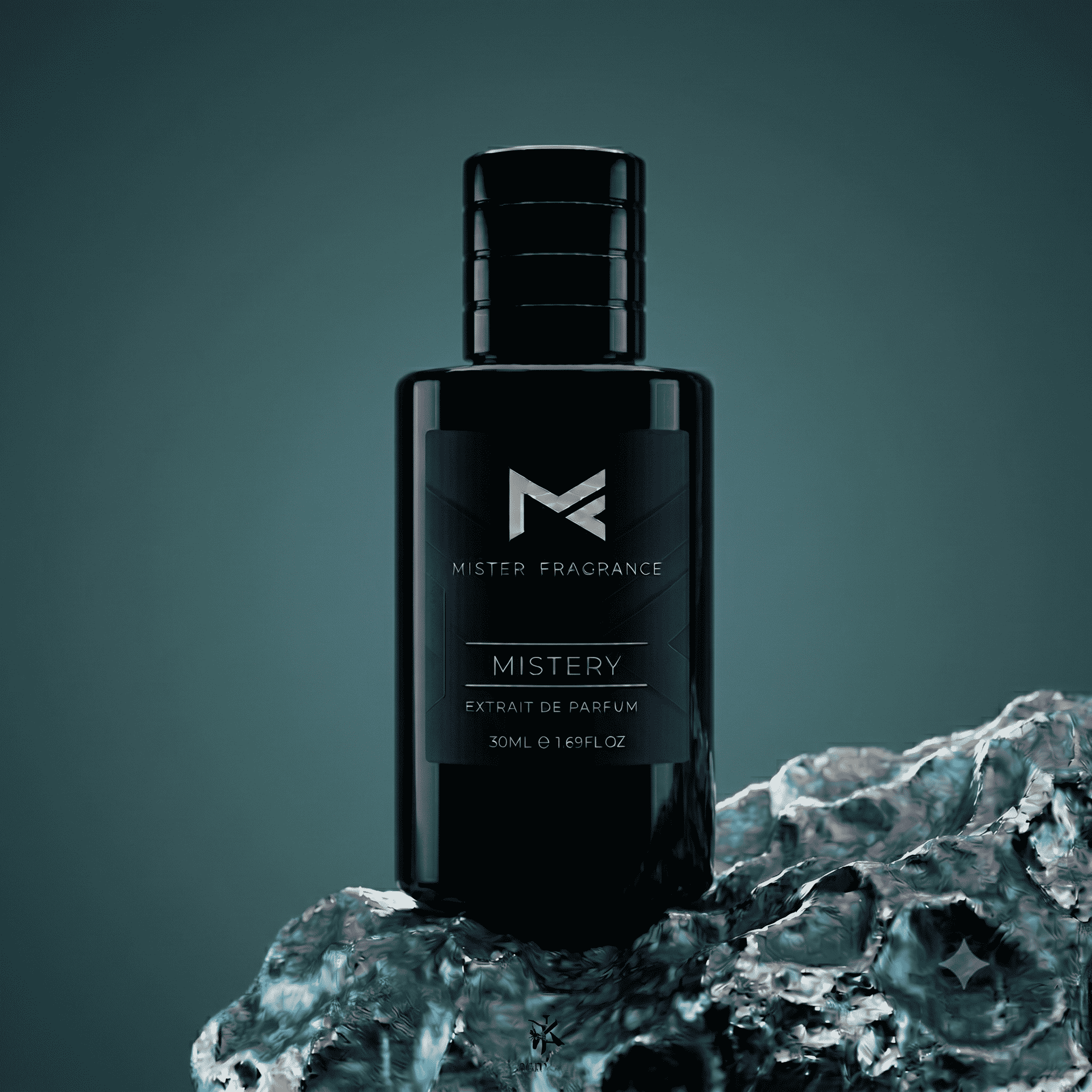Dark glass perfume bottle with black cap and MISTERY label