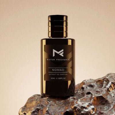 Nomad extrait de parfum bottle with dark glass and gold cap, Mister Fragrance label